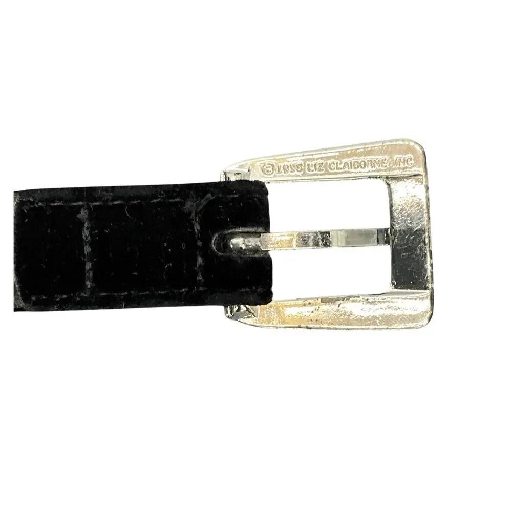 Liz Claiborne Vintage 90s Chrome Silver  Buckle Black Velvet Belt Women 28”-32”